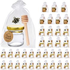 the honey jar and wooden spoons are in clear bags with gold foil tags on them