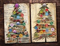 an open book with buttons on it and a christmas tree made out of old books