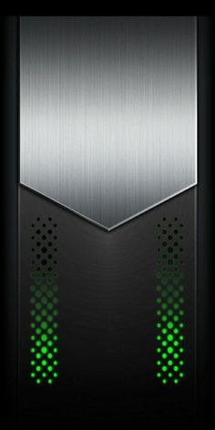 the back side of a cell phone with green lights on it and a metal background