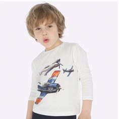 Mayoral Long Sleeve T-Shirt Size: 2t Color: White, Multi New With Tags Cotton Long Sleeve T-Shirt With Airplane Print On The Front And Back. Mayoral Is A Spanish Children’s Clothing Company Known For Its Quality & Traditional But Trendy Design. So Well Made! A Favorite Brand For Our Little One. White Cotton T-shirt For Playtime, Long Sleeve Cartoon Print Tops For Playwear, Casual Long Sleeve T-shirt For Playtime, Long Sleeve T-shirt For Summer Playtime, Long Sleeve Character Print Playtime T-shirt, White Crew Neck T-shirt For Playtime, Casual Graphic Print Tops For Playtime, Playful White Cartoon Print Top, White Character Print Top For Spring