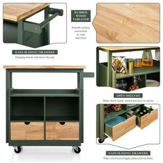 an image of kitchen cart with drawers and shelves on wheels for storage or serving food