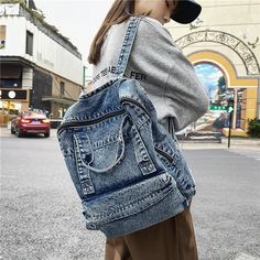 Lkblock Blue denim women backpack casual large capacity laptop school zipper girl backpack top handle fashion travel backpack for women   color: blue material: Denim size: wide: 33 cm, thickness: 12 cm, high: 37 cm Frame Interior, Retro Backpack, Denim Backpack, School Bookbags, Blue Backpack, Denim Bag, Large Backpack