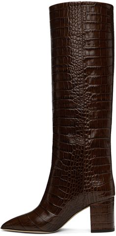 Knee-high croc-embossed leather boots in brown. · Pointed toe · Grained leather lining · Covered block heel with rubber injection · Nubuck sole · Heel: H3 Supplier color: Cioccolato Leather Boots With Crocodile Pattern For Work, Leather Crocodile Pattern Boots For Work, Heel Tall Boots, Crocodile Boots, Brown Block Heels, Paris Texas, Boots Knee, Tall Boots, High Heel Boots