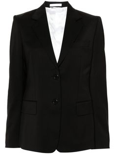 black virgin wool notched lapels chest welt pocket shoulder pads long sleeves buttoned cuffs two front flap pockets American rear vent internal jetted pocket full lining front button fastening Bohemian Wedding Guest, Comfy Casual Outfits, Yoko London, City Dress, Summer Beach Wear, Ballet Flat Shoes, Ski Wear, Helmut Lang, Wool Blazer