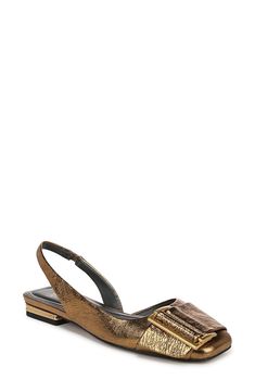 A sleek vamp buckle and side cutout add visual intrigue to a slingback flat grounded by a cushioned footbed for comfortable wear. Elasticized slingback strap Cushioned footbed Leather upper/synthetic lining/rubber sole Imported