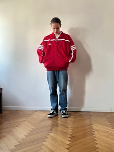 "Great Vintage Red Track Adidas Jacket Very good vintage condition! Size: +-L men or +-XL women +- L men, suits oversized M,L,XL depending on your height and arm length. +- XL women, suits oversized L,XL,2XL depending on your height and arm length. (Note: we only have ONE piece in stock. If more than one size is mentioned, it means this item will work on a range of sizes.) Models' measurements in cm: Height 180 Weight 70 kg Shoulders width: 46 Chest circumference 90 Waist circumference 78 Hips c Track Jacket Outfit Men, Red Jacket Outfit Men, Track Jacket Outfit, Red Adidas Jacket, Red Jacket Outfit, Jacket Outfit Men, Adidas Track Jacket, Street Fashion Men Streetwear, Jacket Outfit