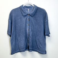 Free People Cropped Button Shirt In Blue Size Medium Nwt Chest 23” Length 20” No Trades - Offers Welcome H529 Blue Relaxed Fit Tops With Buttons, Casual Blue Collared Top, Blue Button-up Tops With Buttons, Blue Tops With Button Cuffs For Everyday, Blue Everyday Shirt With Button Cuffs, Casual Blue Top With Collared Neckline, Blue Cotton Top With Collared Neckline, Casual Blue Tops With Collared Neckline, Blue Cotton Tops With Collared Neckline