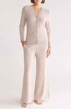 A cozy cardi tops these ultrasoft hacci pajamas paired with wide-leg pants held up by a comfy smocked waist. 22" top length; 27 1/2" inseam; 28" leg opening; 13" front rise; 16" back rise (size Medium) Cardigan has front button closure; V-neck; long sleeves with ribbed cuffs Pants have elastic waist; side-seam pockets 65% polyester, 31% rayon, 4% spandex Machine wash, dry flat Imported Soft Comfortable Sleepwear For Fall, Comfortable Soft Sleepwear For Fall, Soft Comfortable Fall Sleepwear, Soft Sleepwear For Lounging In Fall, Comfy Soft Sleepwear For Fall, Comfy Super Soft Sleepwear For Fall, Comfortable Soft Texture Sleepwear For Fall, Comfortable Fall Sleepwear With Soft Texture, Comfortable Soft Texture Fall Sleepwear