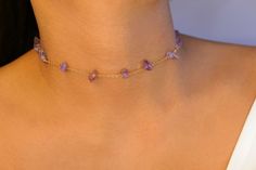 All chains are adjustable and can be worn separately (as pictured). Trendy Purple Necklace For Gift, Trendy Purple Necklace For Gifts, Trendy Purple Jewelry For Gift, Adjustable Gemstone Choker, Adjustable Trendy Purple Choker, Adjustable Gemstone Choker Necklace, Delicate Crystal Choker Necklace As Gift, Purple Adjustable Handmade Choker, Delicate Crystal Choker Necklace For Gift