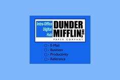 the dunder mifflin paper company logo on a blue background with words below it