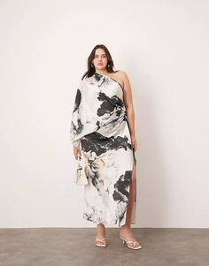 ASOS EDITION Curve satin oversized one sleeve maxi dress in large floral print | ASOS Spring Silk Off-shoulder Midi Dress, Spring Off-shoulder Silk Midi Dress, Spring Silk Midi Dress One Shoulder, Off-shoulder Silk Midi Dress For Spring, Draped Maxi Dress With Side Slits For Spring, Spring Off-shoulder Maxi Dress With Side Slits, Off-shoulder Maxi Dress With Side Slits For Spring, Asymmetrical Floral Print Maxi Dress For Evening, Silk Maxi Dress With Asymmetrical Neckline For Spring