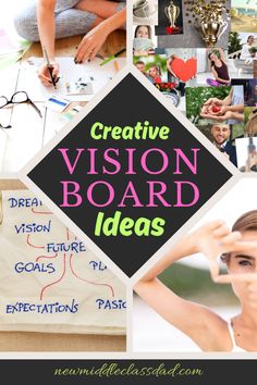 a collage of photos with the words creative vision board ideas written on them and pictures