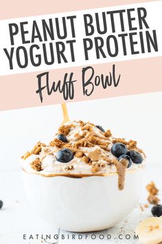 a white bowl filled with peanut butter yogurt protein fluff bowl