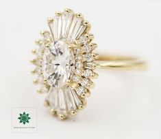 an oval cut diamond surrounded by smaller round diamonds on a yellow gold band, set against a plain white background