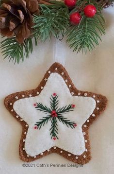 a christmas ornament hanging on a wall next to pine cones and evergreen branches