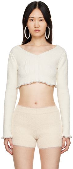 Rib knit stretch linen and nylon-blend sweater. · V-neck · Lettuce edge at cropped hem and cuffs Supplier color: Off-white White Fitted V-neck Cropped Sweater, Fitted White Cropped Sweater With Ribbed Cuffs, Fitted V-neck Cropped Sweater For Spring, V-neck Cropped Sweater With Ribbed Cuffs For Spring, White V-neck Cropped Sweater For Spring, Spring White V-neck Cropped Sweater, Baddie Vibes, Taupe Sweater, Twin Set