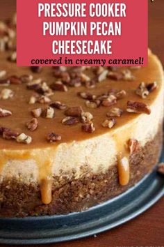 a cheesecake with pecans and caramel drizzled on top