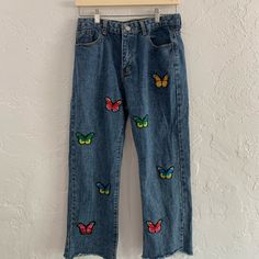 Good Condition. Never Worn. Cute! Good For Shorter Legs. Casual Summer Bottoms With Butterfly Print, Casual Butterfly Print Bottoms For Summer, Trendy Cotton Bottoms With Butterfly Print, Trendy Butterfly Print Bottoms For Spring, Spring Multicolor Denim Pants, Trendy Spring Butterfly Print Bottoms, Summer Cotton Bottoms With Butterfly Print, Patch Work Jeans, Embroidery Jeans Diy