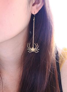 Golden Spider Earrings / Handcraft Jewelry / by SeptemberRoom Halloween Gold Dangle Jewelry, Gold Dangle Halloween Jewelry, Gold Dangle Jewelry For Halloween, Laser Cut Metal Jewelry Gift, Handmade Gold Halloween Earrings, Handmade Gold Earrings For Halloween, Gold Jewelry For Halloween, Antique Style Jewelry, Spider Jewelry