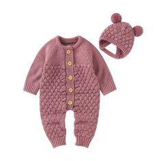 This gorgeous knitted jumpsuit will keep your little one cozy warm - and looking mighty cute! The pattern and soft feel make this an outfit you are going to adore! Winter Knitted Long Sleeve Onesie, Cute Fitted Winter Bodysuit, Cardigan Azul, Two Piece Romper, Plain Jumpsuits, Knit Baby Romper, Clothes Autumn, Toddler Wearing, Kids Overalls