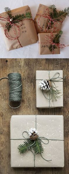 presents wrapped in white paper and tied with twine, pineconis and evergreen needles