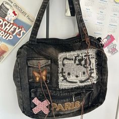 Miniso Hello Kitty Crossbody Bag Retro Anime Shoulder Bag Patch Y2k Fashion Cowboy Backpack Large Anime Shoulder, Vintage Hello Kitty, Denim Crossbody Bag, Hello Kitty Y2k, Y2k Purse, Hello Kitty Purse, Aesthetic Backpack, Bag Patches, Denim Crossbody