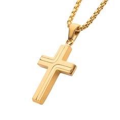 Men's 18K Gold IP Cross Drop Pendant with 2mm Round Box Chain. 22 inch long. These pieces denote religious affiliation or are tied to faith, personal displays of belief for every personality. Collection Note: Petite small everyday cross. Gold Cross Pendant Necklace With Box Chain, Gold Cross Necklace With Box Chain, Box Chain Crucifix Necklace For Gift, Crucifix Cross Necklace With Box Chain As Gift, Crucifix Box Chain Necklace As Gift, Crucifix Necklace With Box Chain For Gift, Stainless Steel Cross Pendant, Mens Crosses, Round Box