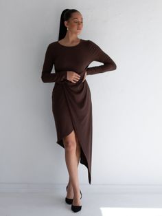 Long sleeve layered asymmetrical midi dress Fits true to size. Alonna is wearing a S. Twist Dress, Long Sleeve Layer, Asymmetrical Midi Dress, Twisted Dress, Denim Pant, Sale House, Denim Dress, Style Guides, Dress Skirt