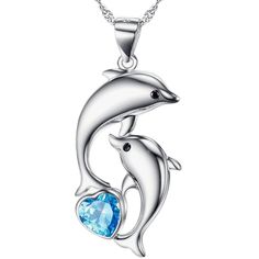 Dolphin Heart Necklace 925 Sterling Silver And Blue Crystal 18" Chain 1.5" Pendant Nib Hot Gril, Mermaid Stuff, Mermaid Parties, Cell Phone Holster, Phone Holster, Mermaid Party, Walker Boots, Fit N Flare Dress, Silver Blue