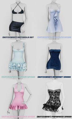 six different types of dresses on mannequins in various colors and sizes, all with