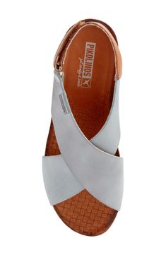 A cushioned sandal with a low cork-textured wedge and crossover straps is meant for all-day comfort. 1 1/4" heel; 1/2" platform (size 39) Adjustable hook-and-loop strap Leather upper and lining/synthetic sole Imported Women's Shoes Outfits Jeans, Whimsical Paintings, Trendy Sandals, Closed Toe Sandals, Sandal Women, Platform Sandals, Nice Shoes, Women's Shoes, Womens Sandals