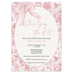 a pink and white floral birthday party card with the words, she's tying the knot