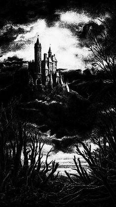 a black and white drawing of a castle in the dark sky with trees around it