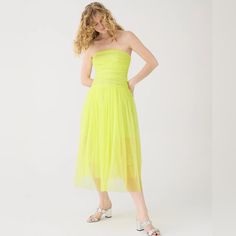 What To Wear To Weddings, Summer Holidays And All The Other Special Occasions On Your Calendar. . .This Strapless Midi Dress, With Sweet, Ruched Details And A Drapey Skirt. Size- 4 Color- Pale Kiwi Fitted Bodice. Falls To Floor, 53" From High Point Of Shoulder (Based On A Size 6). 100% Recycled Polyester. Back Zip. Lined Bodice. Machine Wash. Nwt Summer Dresses With Pleated Bodice And Tulle Material, Summer Tulle Dress With Pleated Bodice, Spring Strapless Ruched Dress, Spring Gala Strapless Tulle Dress, Spring Strapless Bridesmaid Dress With Pleated Bodice, Summer Bridesmaid Strapless Tulle Dress, Summer Evening Strapless Dress With Ruched Bodice, Strapless Dress With Ruched Bodice For Spring Wedding, Spring Wedding Strapless Dress With Ruched Bodice