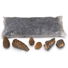 several different types of pine cones and nuts on a white surface with a pillow in the middle