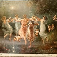 an old painting with many women dancing in the water