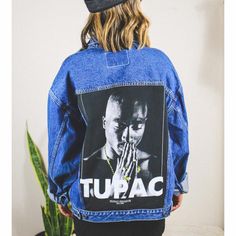 Vintage Tupac Denim Jacket. Handmade. Urban Blue Outerwear With Graphic Print, Trendy Relaxed Fit Denim Jacket For Streetwear, Casual Denim Outerwear With Graphic Print, Spring Denim Blue Outerwear With Graphic Print, Trendy Blue Outerwear With Graphic Print, Spring Denim Blue Jacket For Streetwear, Denim Outerwear With Graphic Print And Relaxed Fit, Trendy Oversized Denim Jacket With Graphic Print, Relaxed Fit Denim Outerwear With Graphic Print