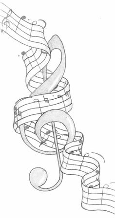 a pencil drawing of music notes with a treble on it's end and an arrow in the middle