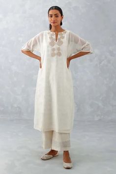 Shop for Devnaagri Ivory Silk Chanderi Ikat Print Straight Kurta And Palazzo Set for Women Online at Aza Fashions Kurta And Palazzo, Kurta Patterns, Kurta Pant Set, Palazzo Set, Straight Kurta, Ikat Print, Ikat Pattern, Ivory Silk, Kurta With Pants