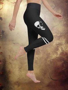 Black leggings with skulls on the thighs, perfect for gothic workout gear or casual alt fashion. Comfortable, durable, and designed for an edgy, bold look. Shop gothic activewear from Great Wicked Dark! GRAPHIC PRINTING Our black leggings with skulls on the thighs feature high-quality, professionally printed designs. The dark fabric creates a sleek, gothic look, while the skulls add an edgy, alternative vibe--perfect for those who embrace alt fashion in their workout gear. CARE INSTRUCTIONS To k Skull Leggings, Gothic Looks, Dark Fabric, Fitness Wear, Legging Outfits, Black Skull, Fashion Comfortable, Alt Fashion, Black Skulls