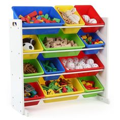 a toy storage rack filled with lots of different colored bins on top of each other