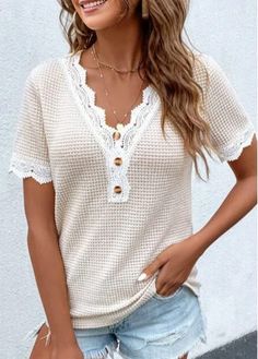 Color:Raw white;Size:S;Size:M;Size:L;Size:XL;Size:XXL;Package Contents:1 X T Shirt;Occasion:Other;Style:Casual; Lace Splicing, Sleeves Clothing, V Neck Blouse, Work Casual, Waffle Knit, Short Sleeve Blouse, Lace Detail, Contrasting Colors, Short Sleeves Tops