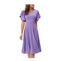 Brand New! Women Purple Lavender Dress Vintage Tea Dress Flared Sleeve Swing Party Dress. Size M 94% Nylon, 6% Spandex, Lining 100% Polyester Dresses For Women A-Line Shape With Swing Hem, It Gives A Long, Slender Look And Excellent Fabric Drape In The Skirt. V-Neck Elegantly Sets The Scene For Your Neckline And Clavicle Elegant Purple A-line Midi Dress, Lavender V-neck Dress For Formal Occasions, Purple A-line Fit And Flare Dress, Elegant Lavender A-line Dress, Solid Fit And Flare Midi Dress For Party, Mid-length Stretch Dress For Parties, Solid Color Fit And Flare Midi Dress For Party, Solid Color Fit And Flare Party Midi Dress, Stretch Mid-length Party Dress