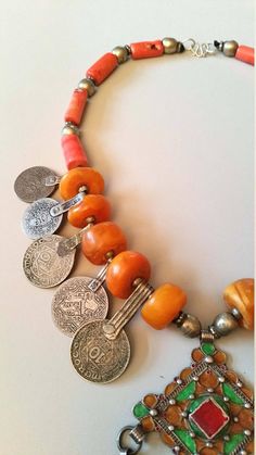 Berber Moroccan faux ambercoral tube beads and silver enamel | Etsy Coin Pendant Necklace, Amber Beads, Coral Beads, Tube Beads, Coin Pendant, Silver Enamel, Spacer Beads, Pandora Charm Bracelet, Beautiful Necklaces