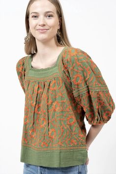 Free shipping and easy returns on Sister Mary Embroidered Cotton Square Neck Top In Green Orange. Pair this with your favorite jeans and slides for your next girls night out.Festiv Embroidered Green Blouse For Fall, Trendy Cotton Blouse With Floral Embroidery, Green Embroidered Relaxed Fit Blouse, Green Embroidered Blouse With Relaxed Fit, Relaxed Fit Embroidered Cotton Top For Fall, Relaxed Fit Cotton Embroidered Top For Fall, Relaxed-fit Cotton Embroidered Top For Fall, Casual Embroidered Top For Spring Festive Occasion, Casual Embroidered Top For Spring Festive