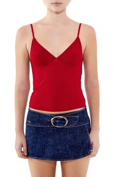 Delicate picot trim frames this ultrastretchy V-neck camisole that works well whether you wear it solo or layer it up. 11" center front length (size Medium) Exclusive retailer V-neck Adjustable straps 75% polyamide, 25% elastane Machine wash, line dry Imported Bra-friendly Fitted V-neck Tank Top, Red Tops With Built-in Bra And Tank Straps, Fitted Red Camisole With Built-in Bra, Bra Friendly Fitted V-neck Tank Top, Fitted V-neck Bra Friendly Tank Top, Red Stretch Camisole For Spring, Red Stretch V-neck Tank Top, Stretch Solid Color Low-cut Tank Top, Stretch Low-cut Tops Bra Friendly