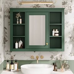 a bathroom with green cabinetry and white sink in front of the mirror above it