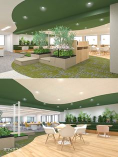 two pictures of an office with plants in the center