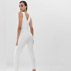 - Cross Front - Open Back - Bow Waist - Cropped - Zip Back - 2 Side Pockets - Fully Lined - 95% Polyester, 5% Elastane - Hand Wash, Hang To Dry -15” Pit To Pit - 26” Waist - 28” Inseam Cheap White V-neck Jumpsuits And Rompers, Outrageous Fortune, Tie Waist Jumpsuit, Cropped Jumpsuit, White Bow, Winter White, Front Open, Jumpsuits For Women, Open Back