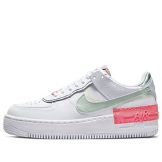 The pair starts with a white smooth leather upper and sees its tumbled leather overlays in a grey, near-white shade. A muted green dubbed “Jade Smoke” tints the profile Swooshesand branded elements such as the tongue label and heel tab. SKU: CI0919-112 Release Date: 27 Sep 2021 Color: White/Jade Smoke-Seafoam-Archeo Pink (AF1/SNKR/Skate/Low Top/Women's/Non-Slip) Pink Af1, Nike Air Force 1 Shadow, Air Force 1 Shadow, Muted Green, White Jade, Nike Air Force 1, Sea Foam, Air Force 1, Nike Air Force